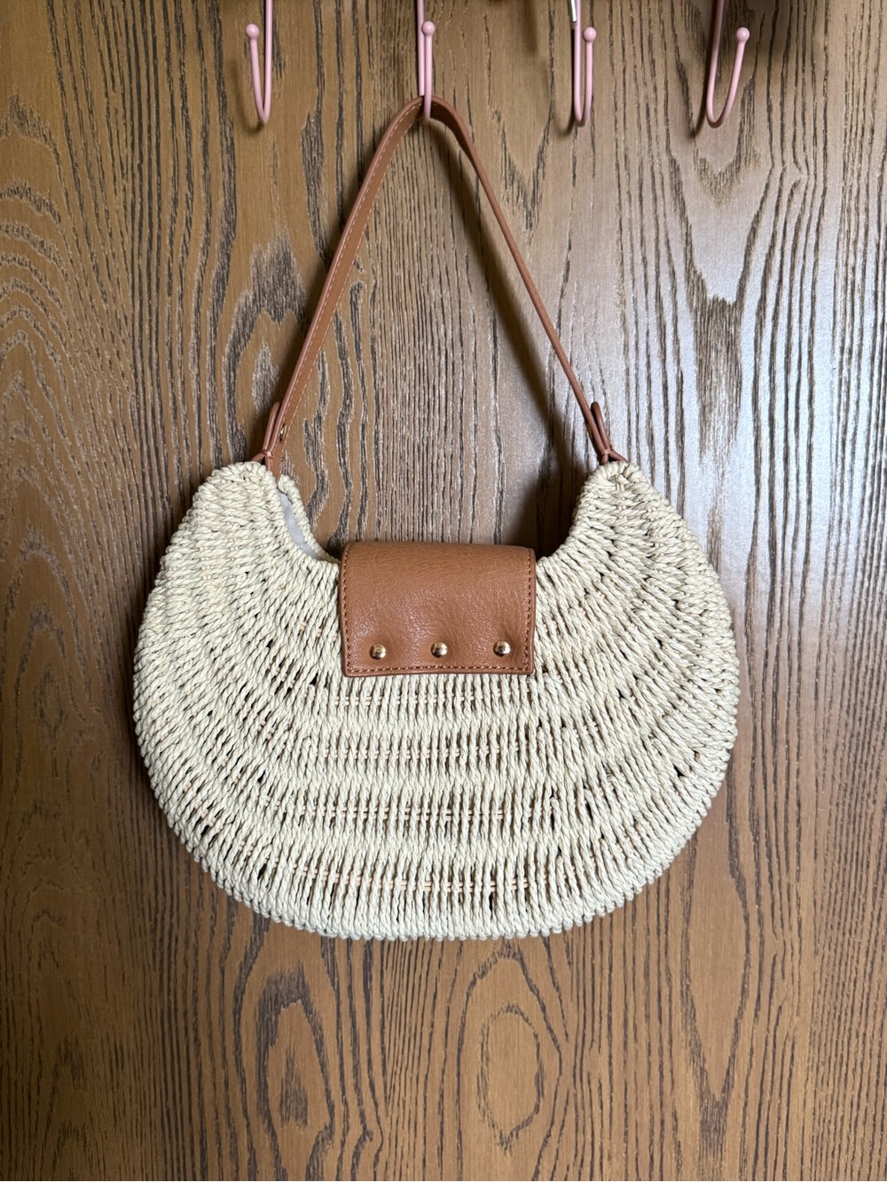 LC Lauren Conrad Cream Woven Crescent Shoulder Bag with Brown Trim - Picture 3 of 4